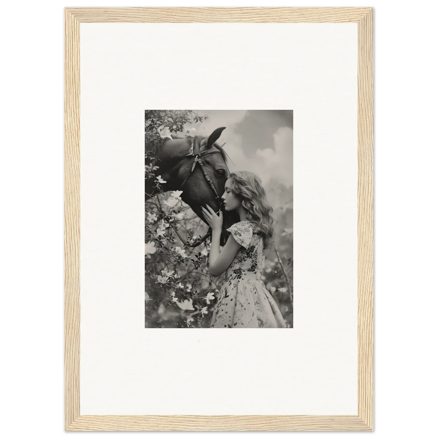 Framed black and white photo of a girl smelling a flower, perfect for room decoration