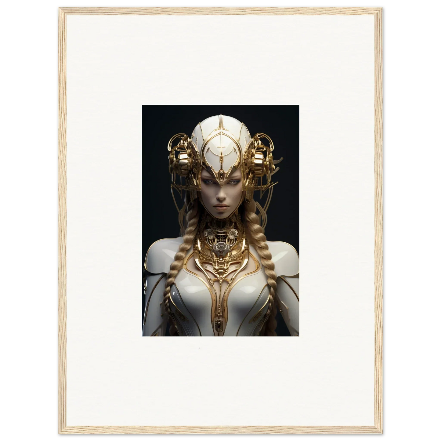 Futuristic female figure in ornate golden headdress for Gilded Cosmos room decor