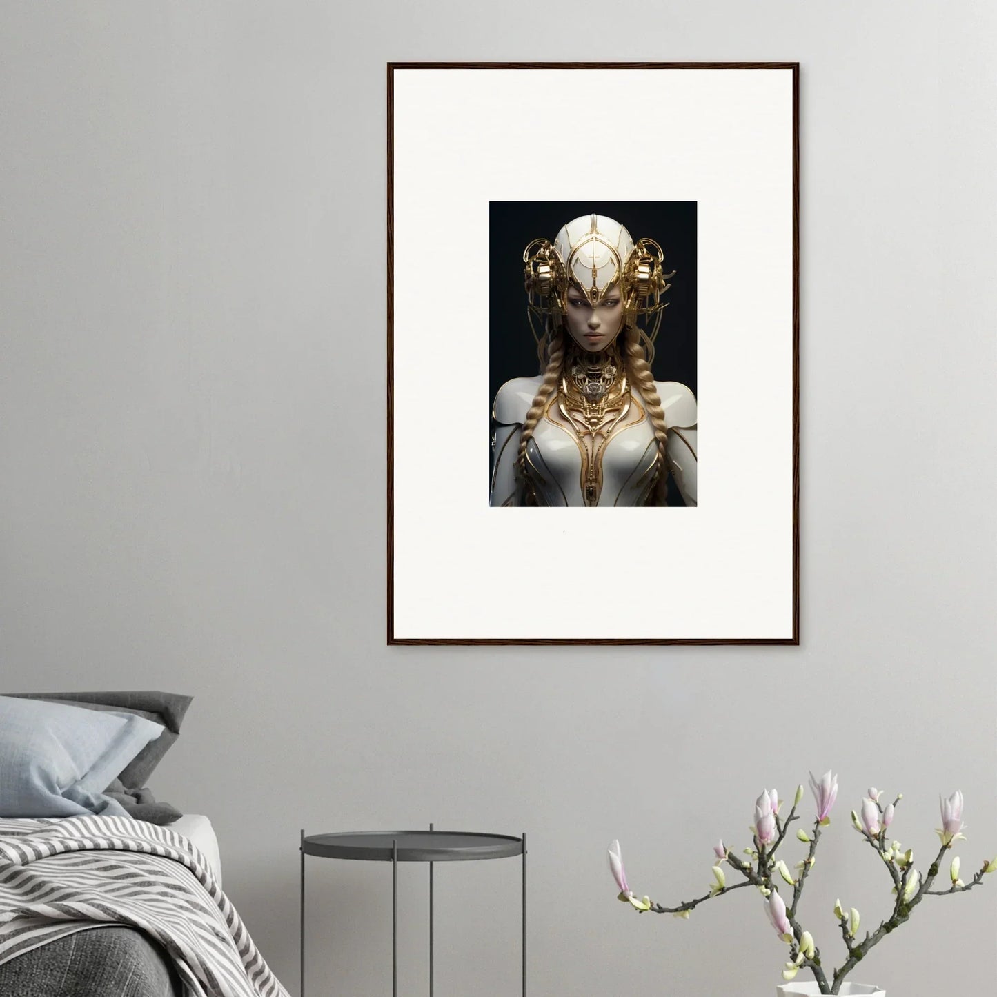 Framed wall art of a figure in ornate headdress, part of Gilded Cosmos room decor