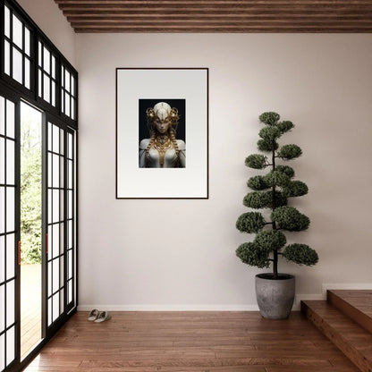 Framed wall art of a surreal golden figure from the Gilded Cosmos for room decor