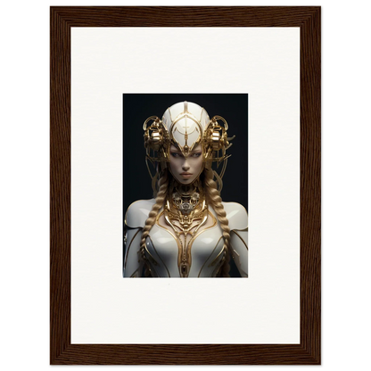 Framed wall art of a gilded cosmos female figure with elaborate headdress for room decor