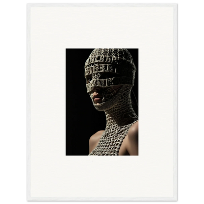 Striking portrait of a person wearing an intricate, textured head and neck covering resembling scales or chainmail, with only their mouth visible.