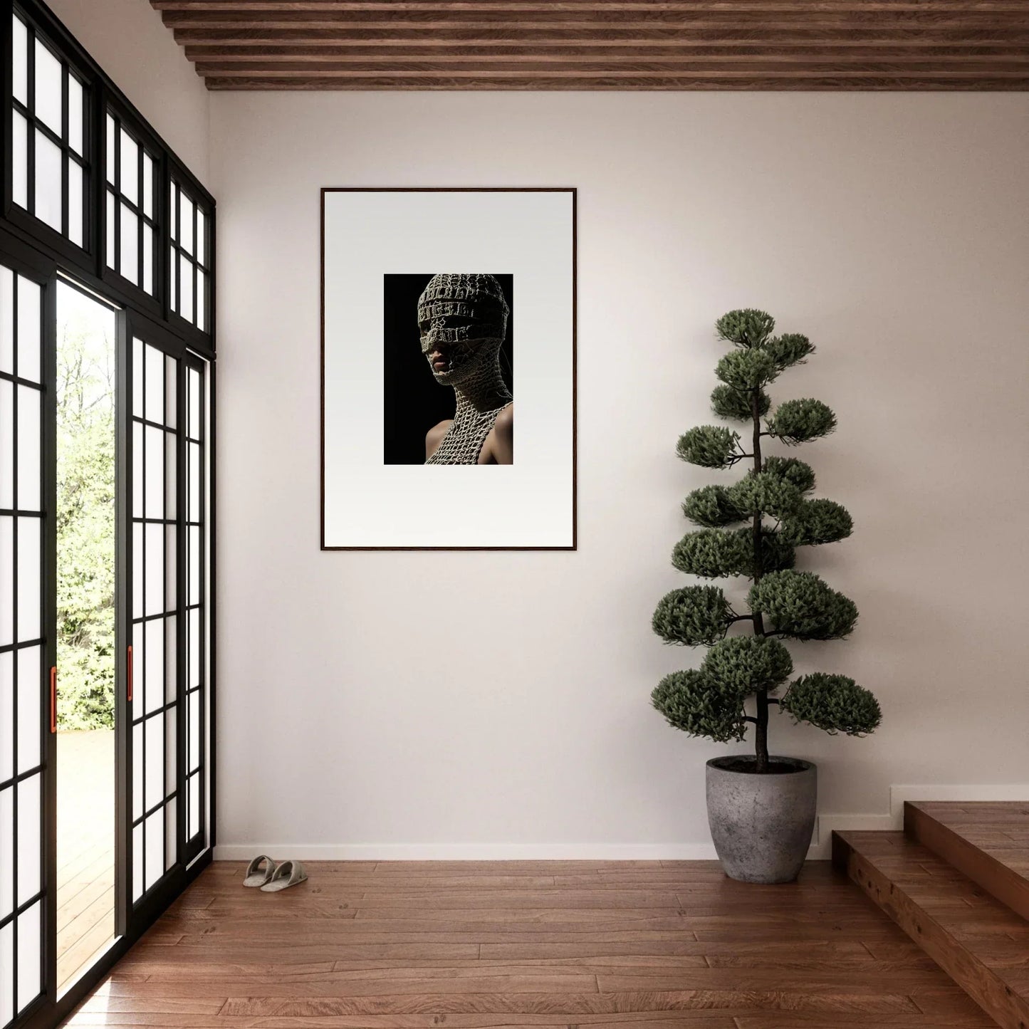 Framed photograph of a Buddha statue’s head.