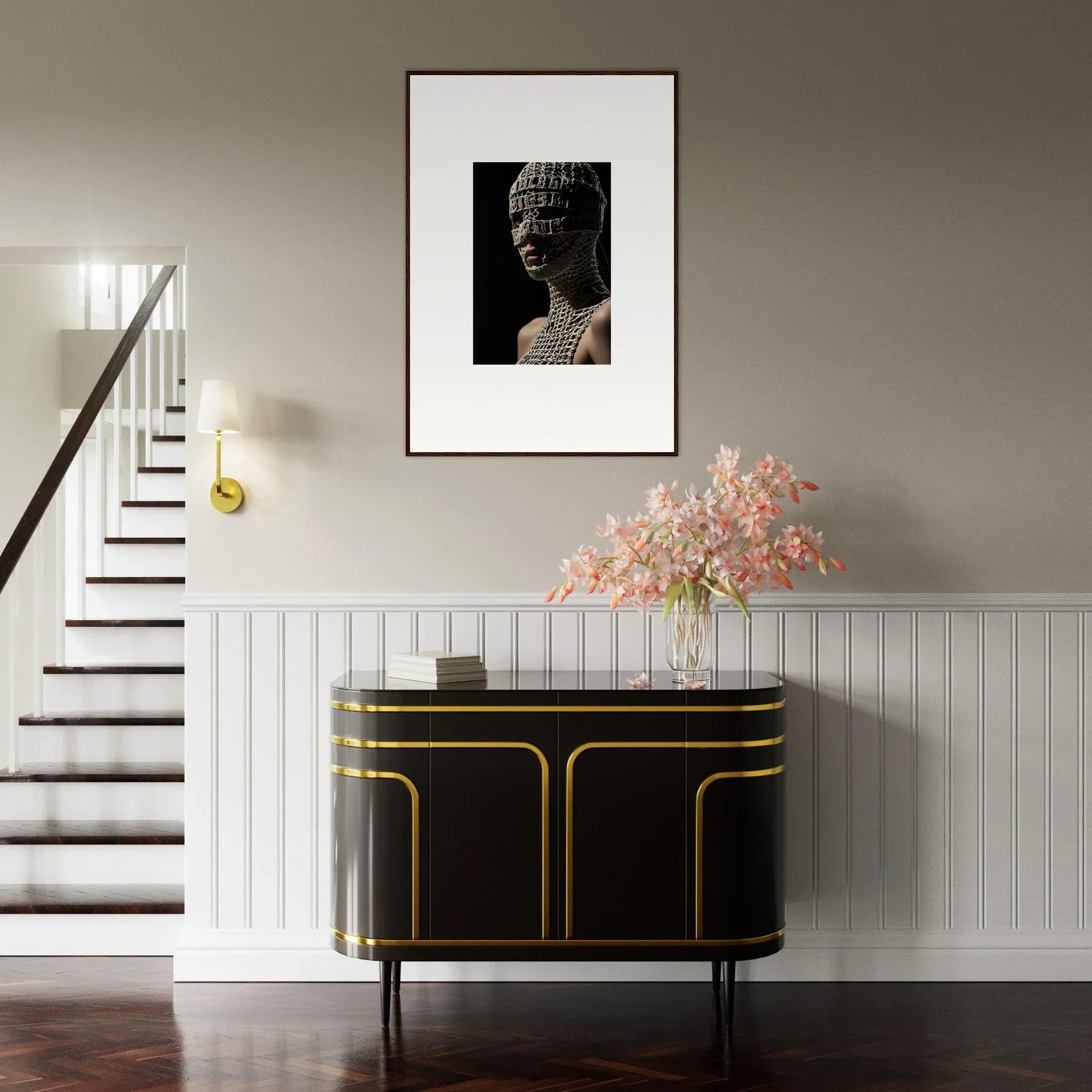 Elegant black and gold console table with curved edges and sleek design.