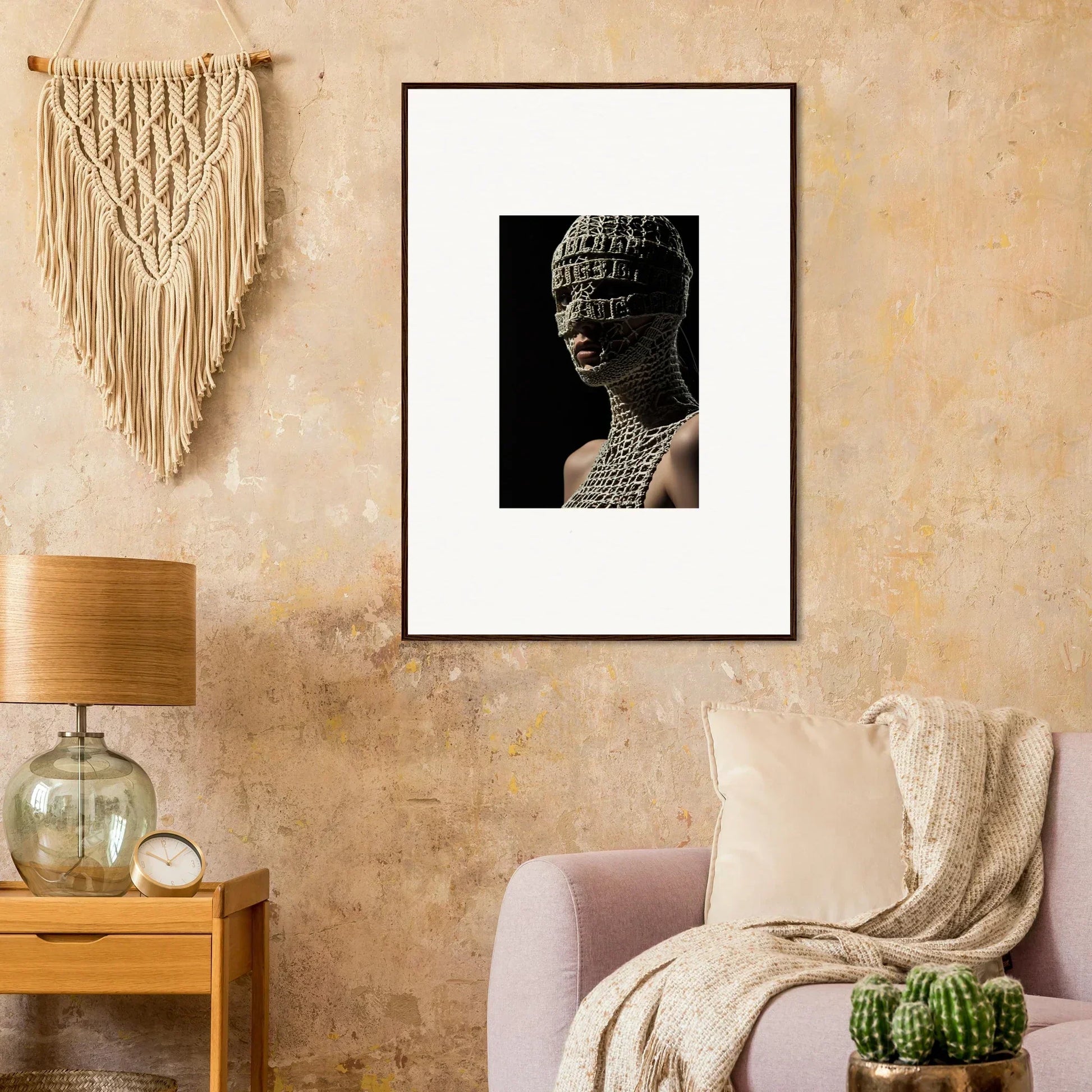 Framed black and white photograph of a person wearing an intricate beaded headdress.