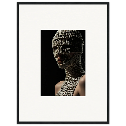 Striking portrait of a person wearing an intricate metallic mask and neck covering against a dark background.