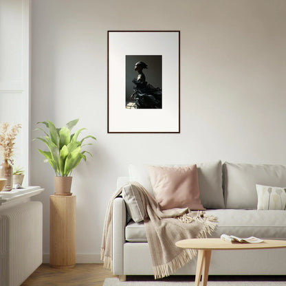 Framed black and white photograph of a person with a hat for black alchemy room decor