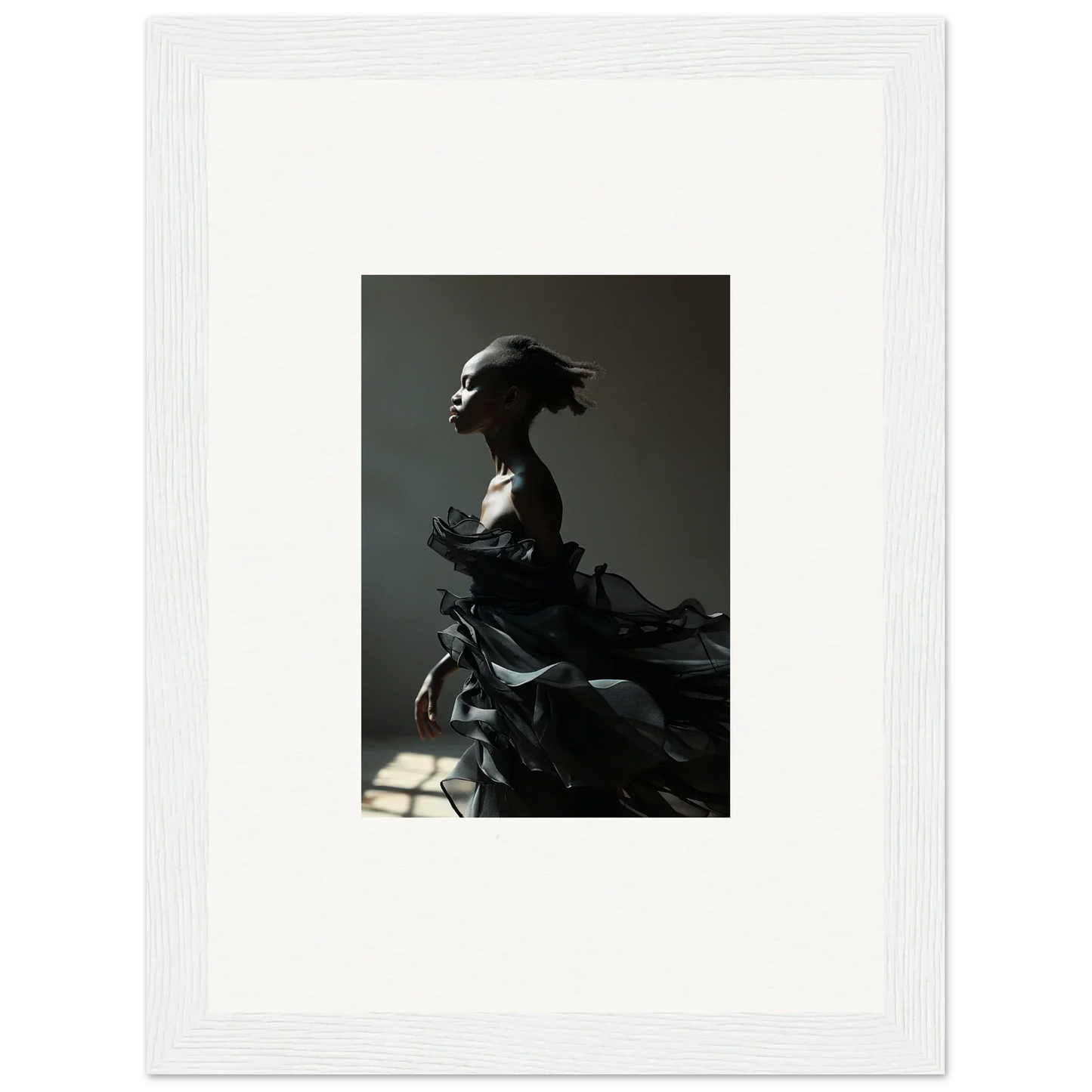 Silhouetted sculpture with headdress in Essence Black Alchemy framed wall art