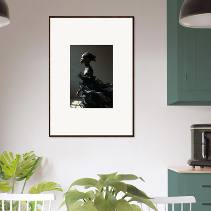 Framed black and white photograph of a person in historical attire for black alchemy room decor