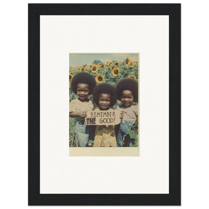 Framed photograph of kids with a sign in a sunflower field for bloom moments decor