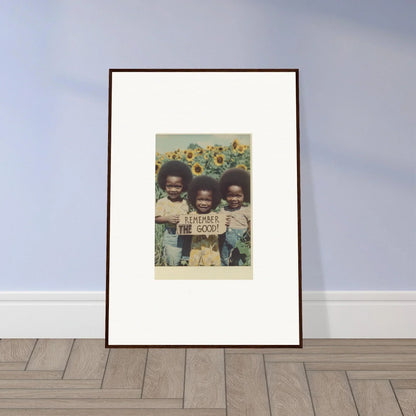 Framed photo of three kids in a sunflower field for bloom moments room decoration