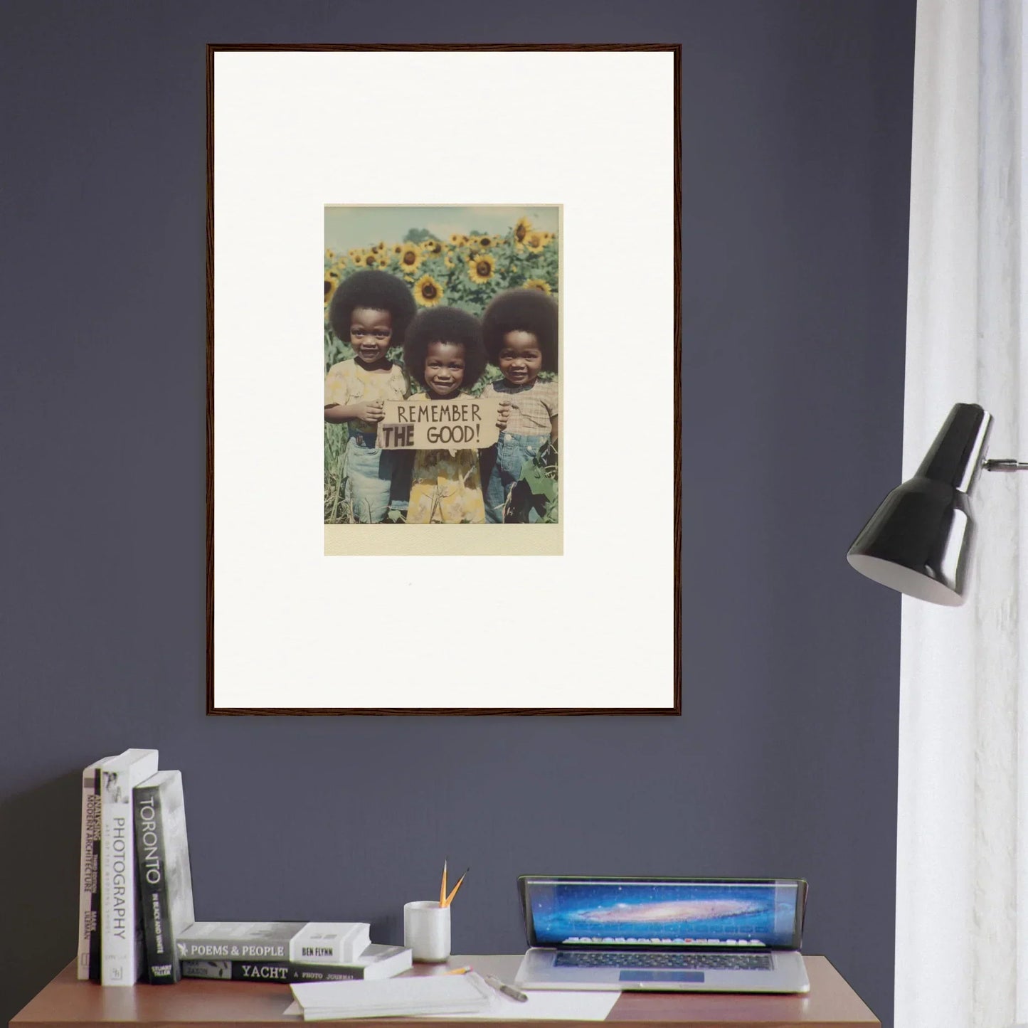 Framed photograph of kids in a sunflower field, perfect for bloom moments and room decoration