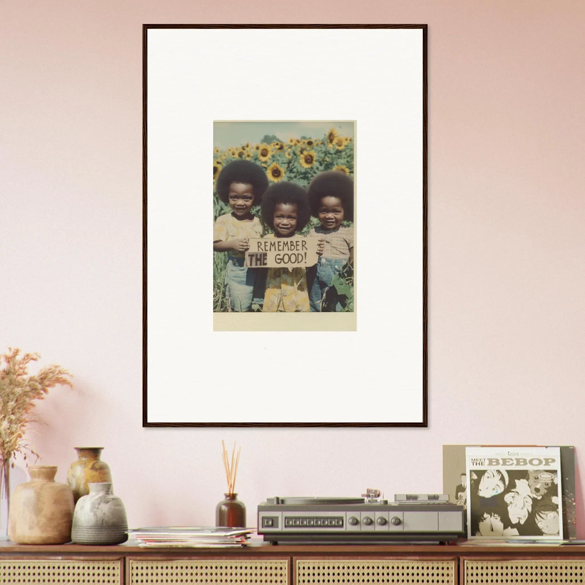 Framed vintage photo of kids in a sunflower field for bloom moments room decoration