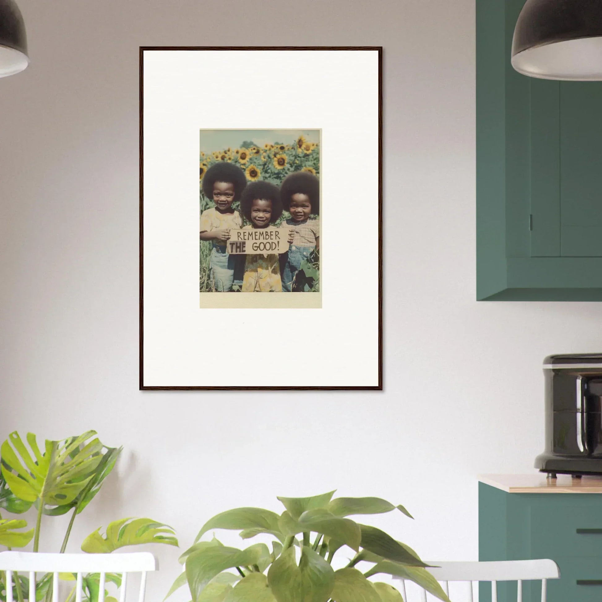 Framed photograph of three kids in a sunflower field for a vibrant bloom moments canvas print