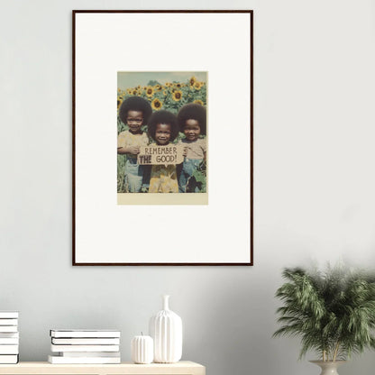 Framed vintage photo of kids in a sunflower field, perfect for bloom moments and room decoration