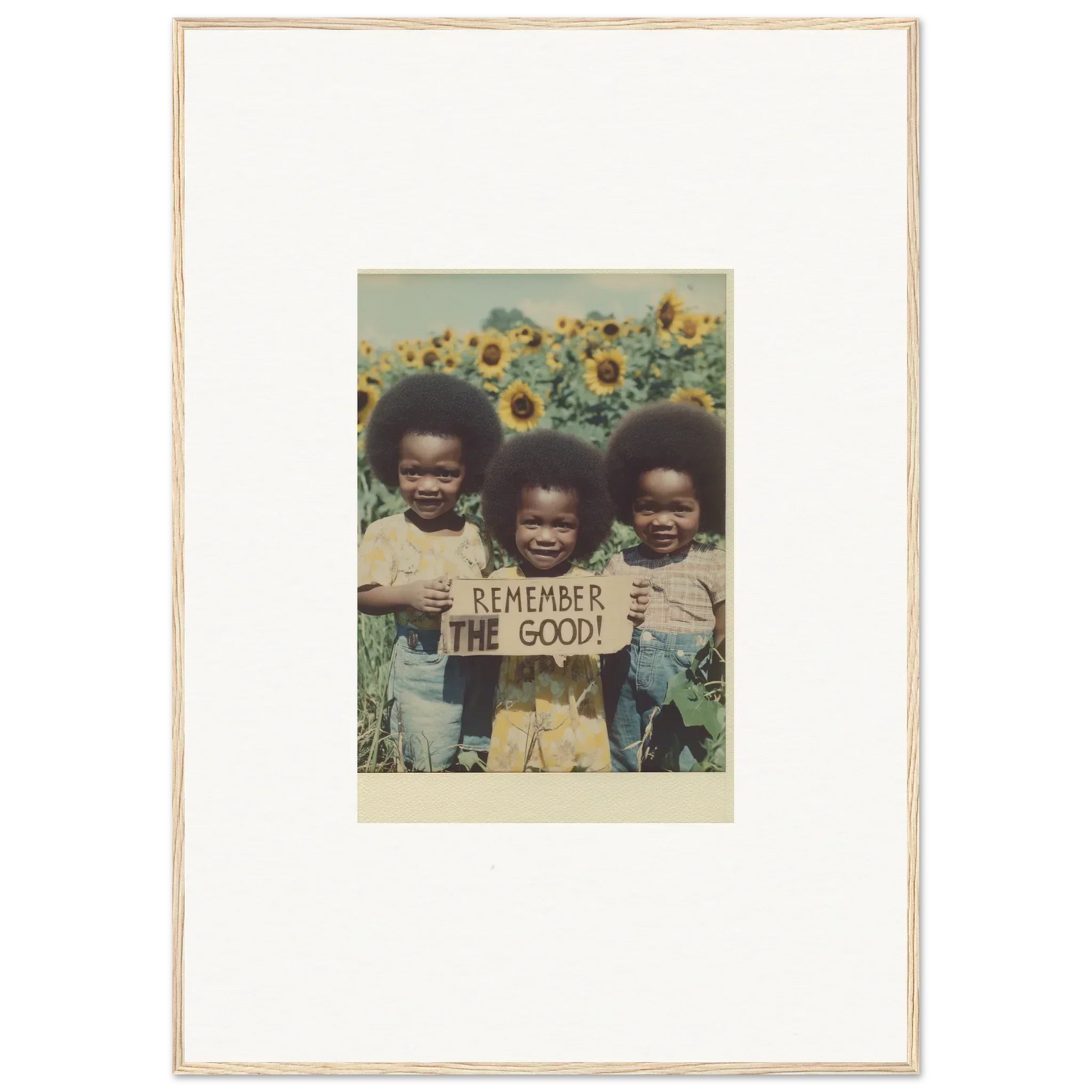 Framed canvas print of kids in a sunflower field with Remember the Good sign for room decoration