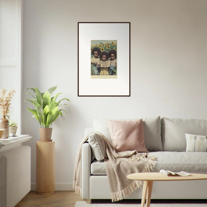 Framed canvas print of three figures with floral elements for bloom moments in room decoration