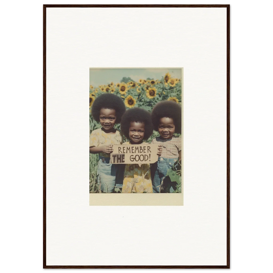 Framed photo of kids with Remember the Good sign in sunflower field, perfect for bloom moments