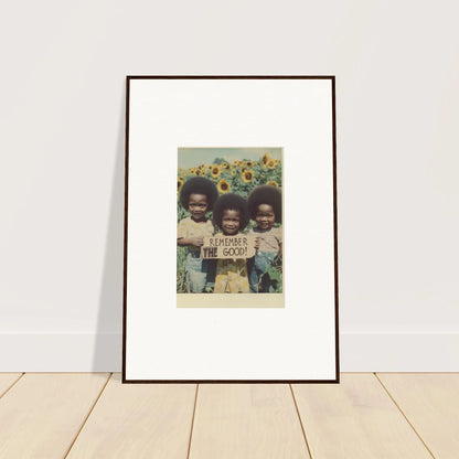 Framed photo of kids with a ’HAPPY 2000’ sign in sunflowers for room decoration