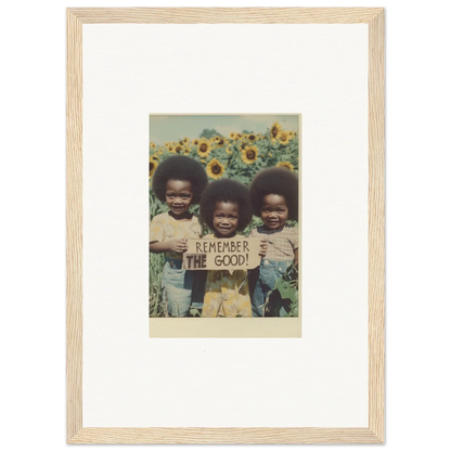 Framed photo of kids with a sign in a sunflower field, perfect for bloom moments room decoration