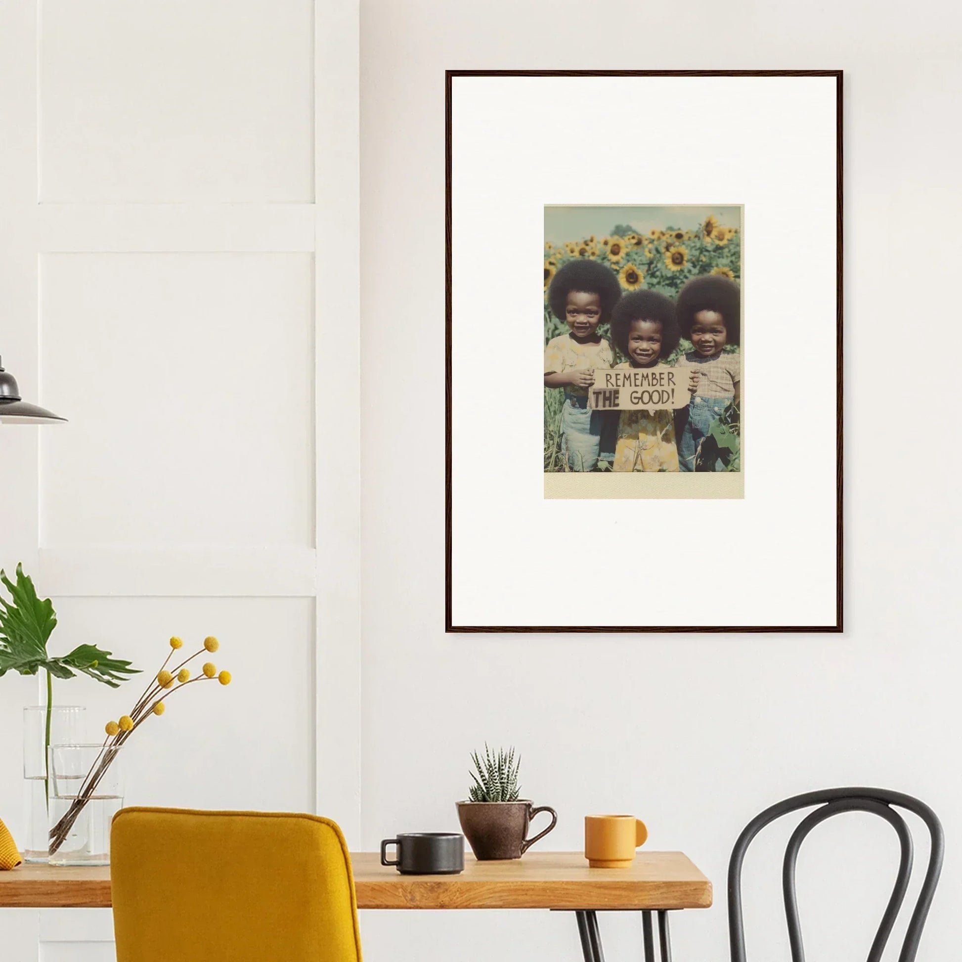 Framed photo of kids with a sign in a sunflower field, perfect for bloom moments room decoration