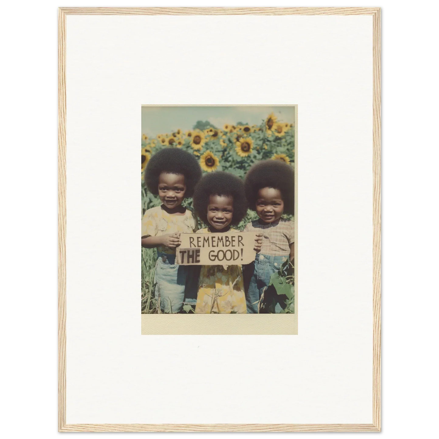 Framed photo of kids in sunflower field with REMEMBER THE GOOD, perfect for bloom moments room decoration