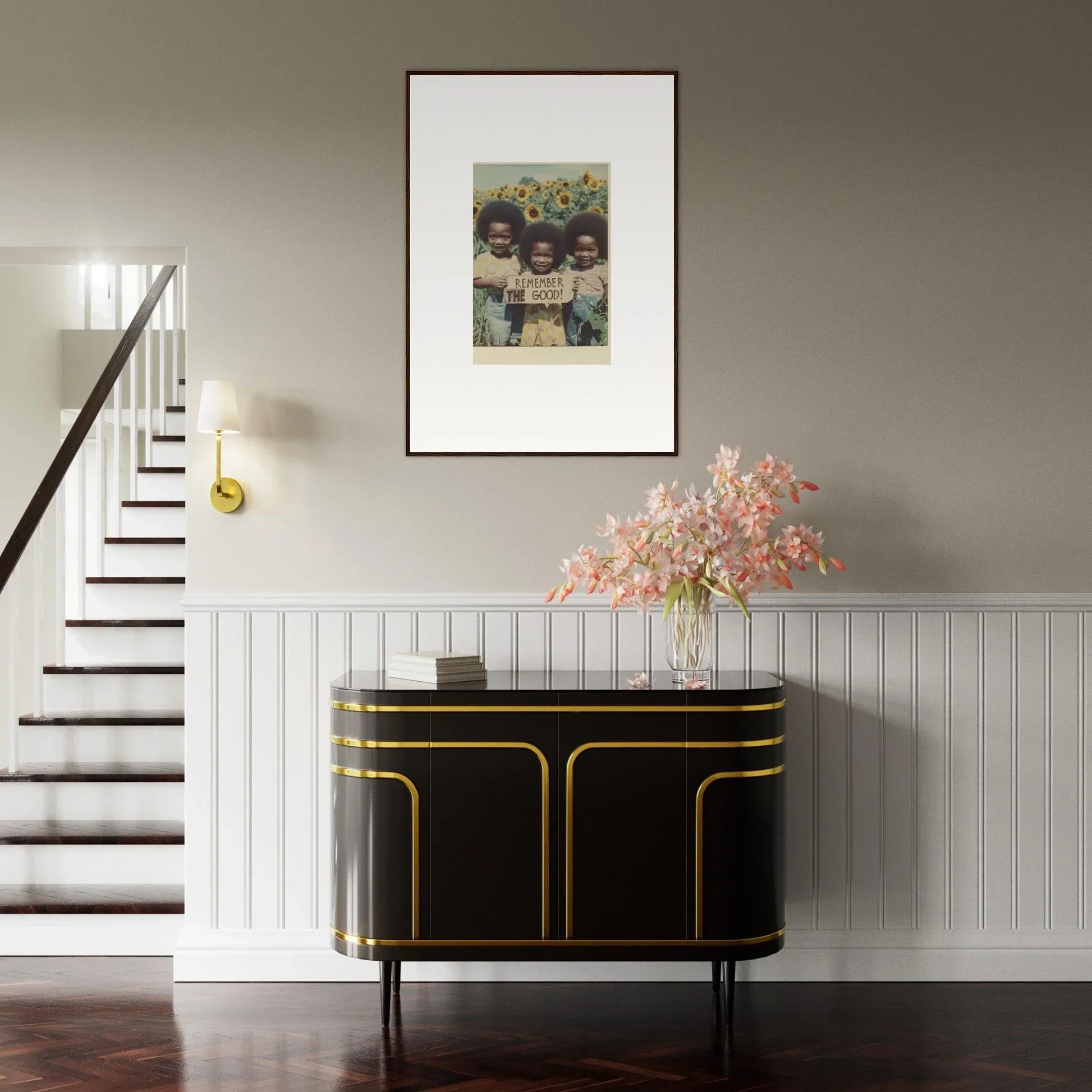 Elegant black sideboard with gold trim perfect for modern room decoration and bloom moments