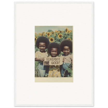 Framed photo of kids with Remember the Good sign in a sunflower field for bloom moments