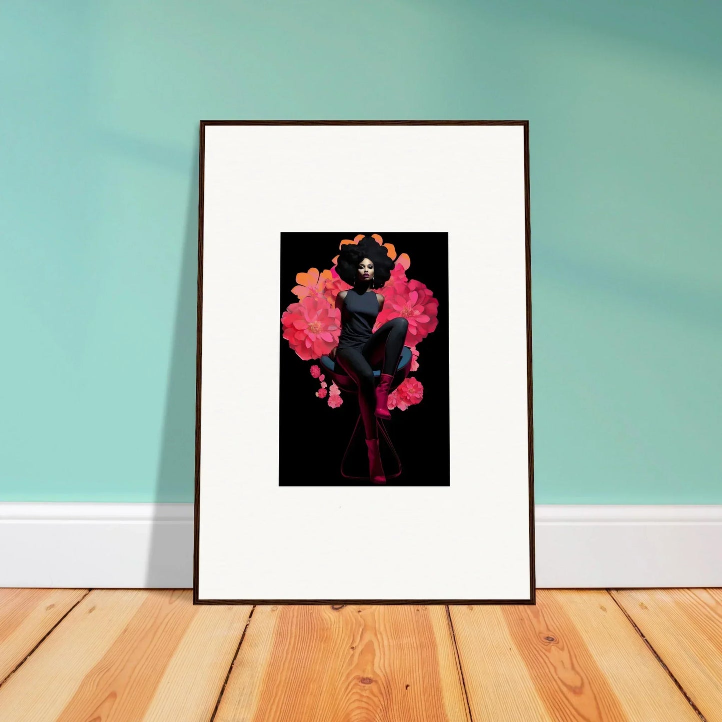 Framed canvas print of a dark figure and pink shapes, perfect for Equinox Sovereign room decoration