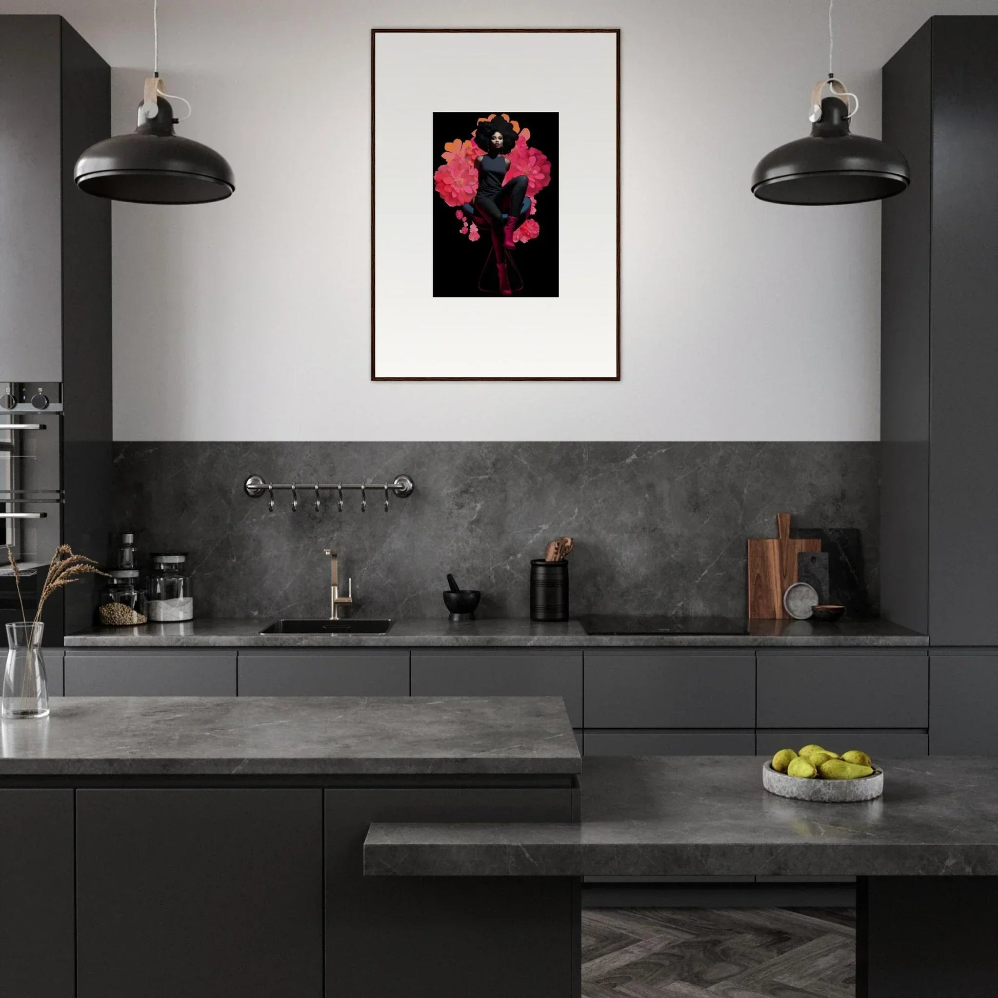 Modern kitchen with dark gray cabinets and bright canvas print for room decoration