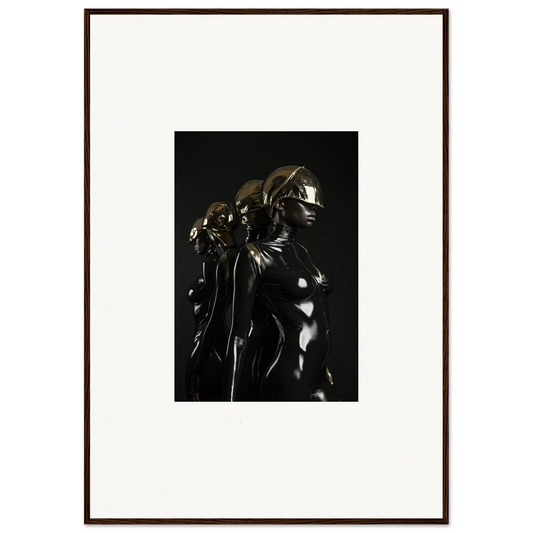 Dark, glossy sculpture with abstract organic forms resembling leaves or petals.