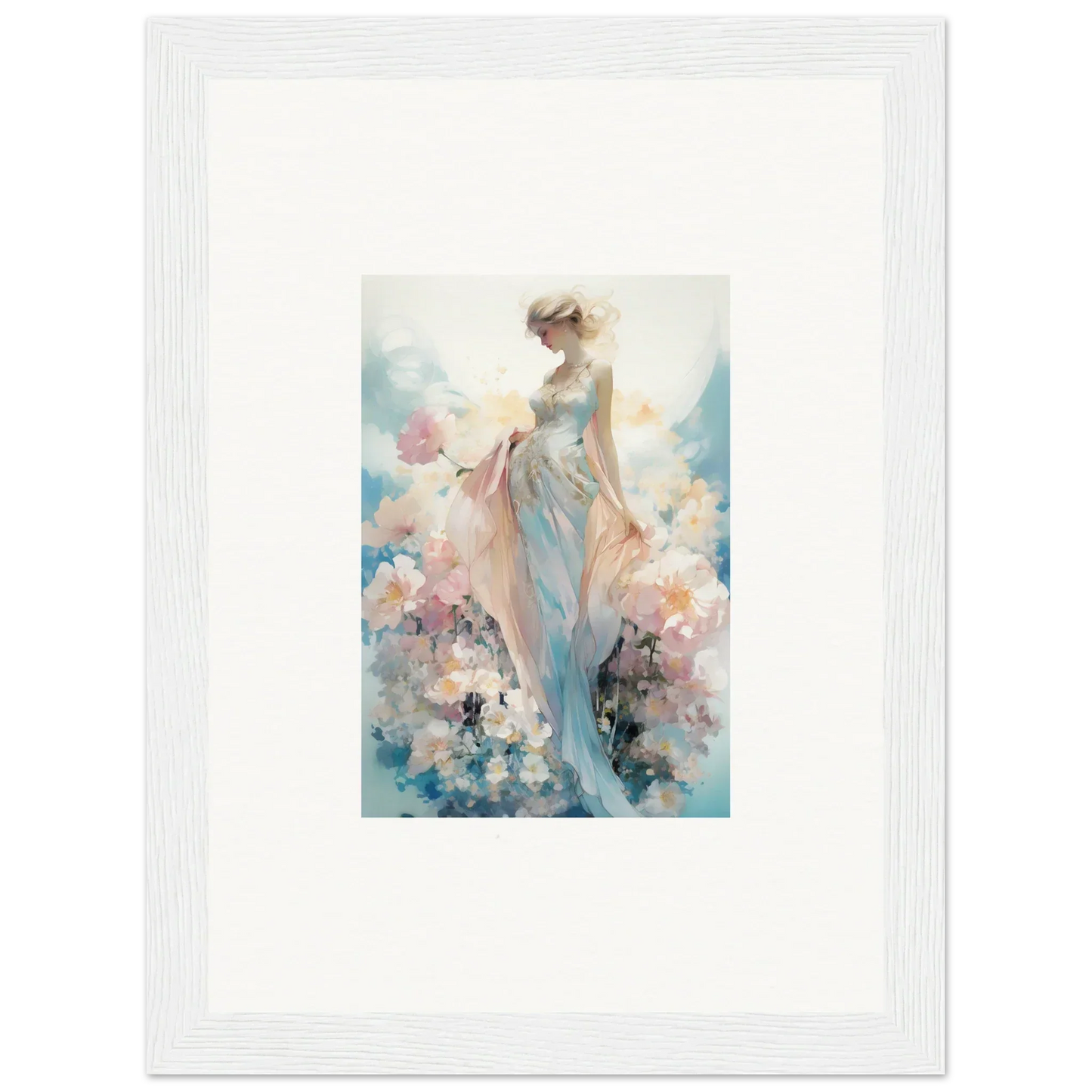 Framed watercolor of a dreamy female figure with pastel flowers for room decoration