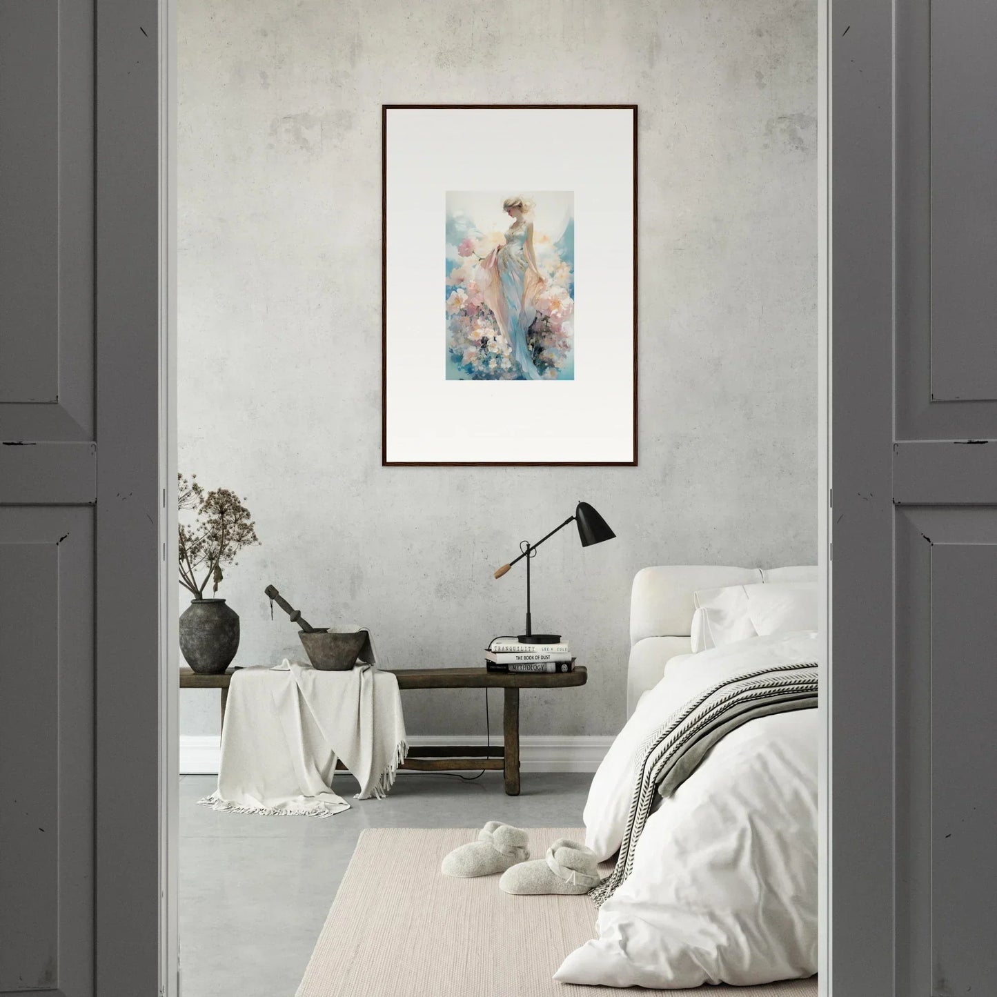 Framed watercolor of a figure in flowers, perfect for room decoration and dreaming effulgence