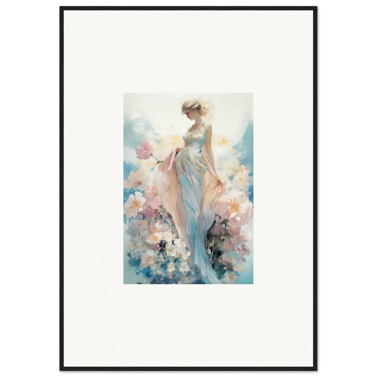 Ethereal watercolor female figure with pastel florals for dreamy room decoration canvas print