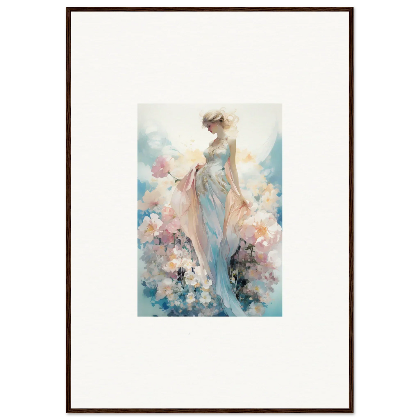 Watercolor canvas print of a dreamy female figure with soft floral accents for room decoration