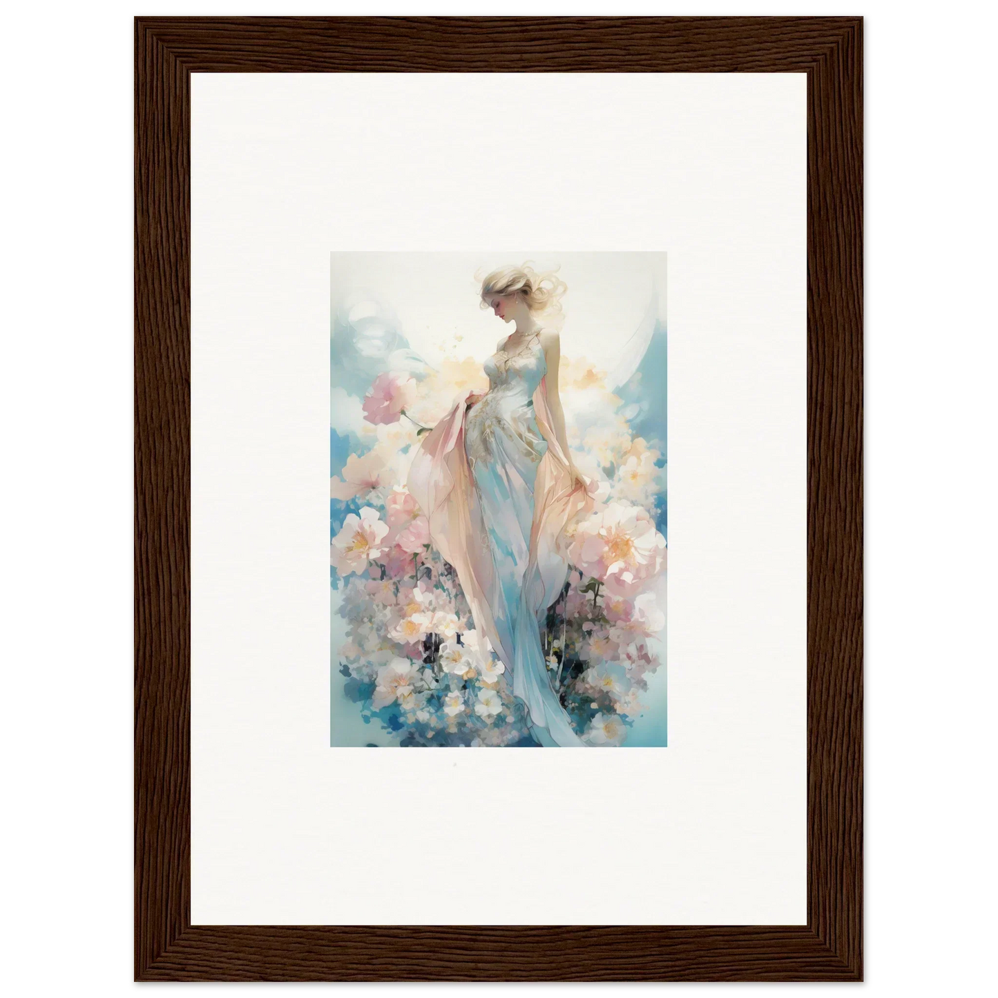 Framed watercolor painting of a dreamy female figure with pastel flowers for room decoration