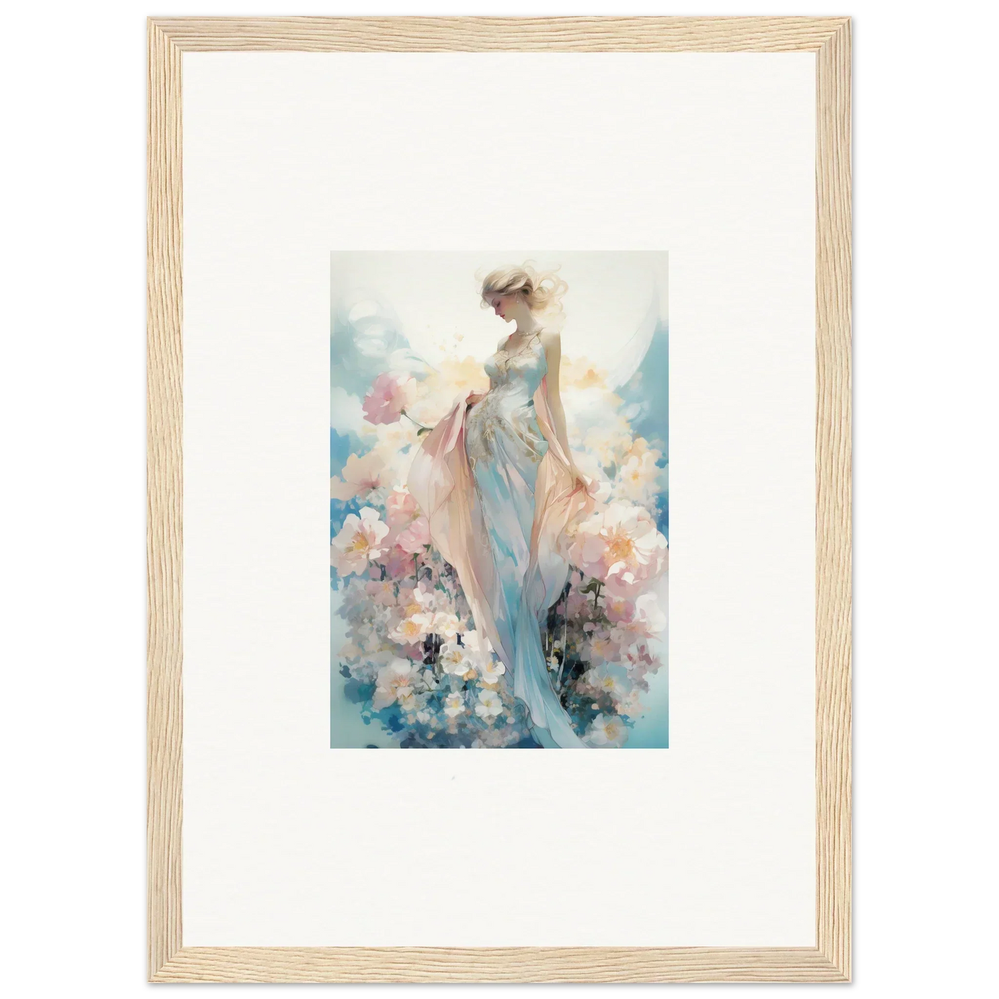 Framed watercolor canvas print of an ethereal female figure in dreaming effulgence blooms