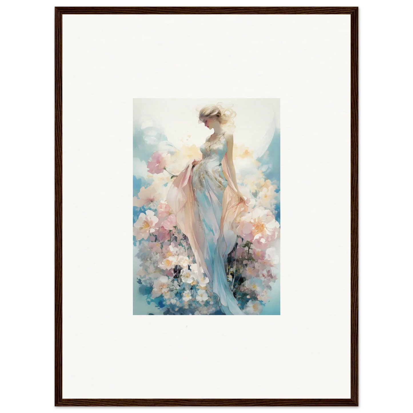 Framed watercolor canvas print of dreaming effulgence with pastel flowers