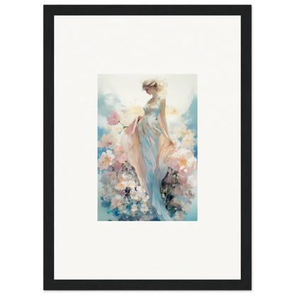 Framed watercolor painting of a dreamy female figure among pastel flowers for room decoration