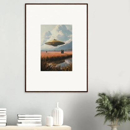 Framed canvas print of a UFO over a landscape for cool room decoration with drifting suns