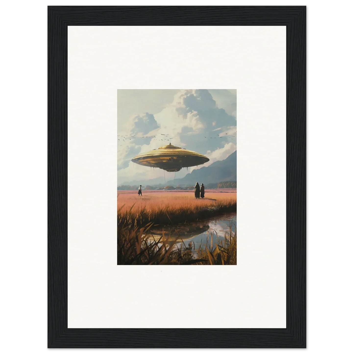 Flying saucer hovering over a landscape in Ether Drifting Suns canvas print for room decoration