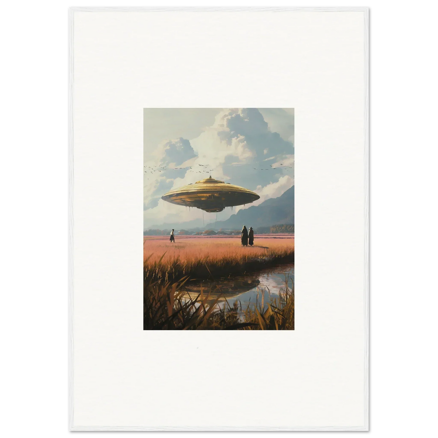 Flying saucer in sky, perfect for a fun canvas print featuring Drifting Suns