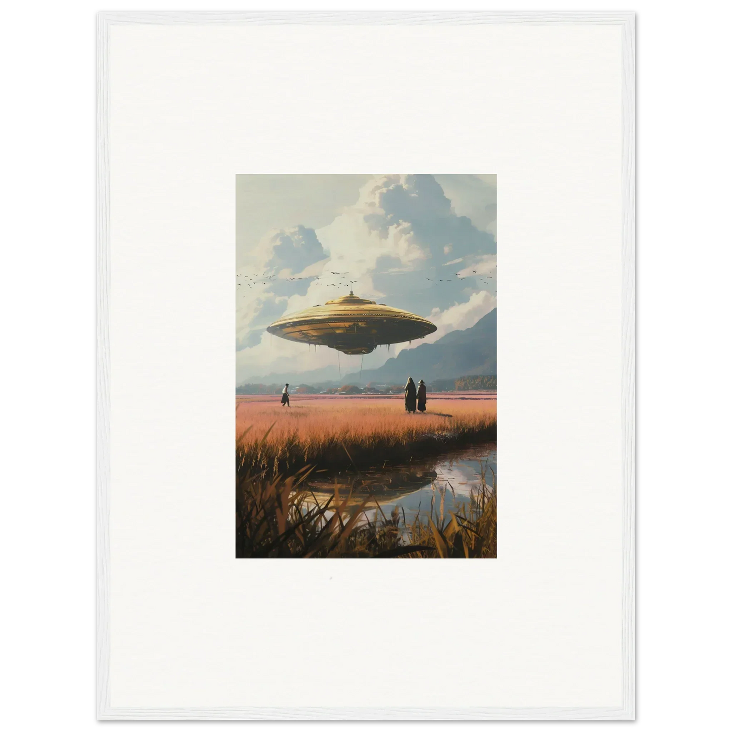 Flying saucer-shaped UFO hovering over drifting suns canvas print for cool room decoration