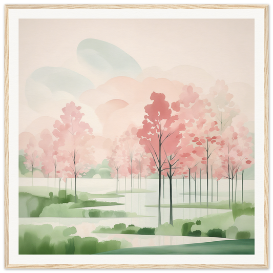 Watercolor painting of pink cherry blossoms in a misty spring landscape, Blossom Ether Reverie