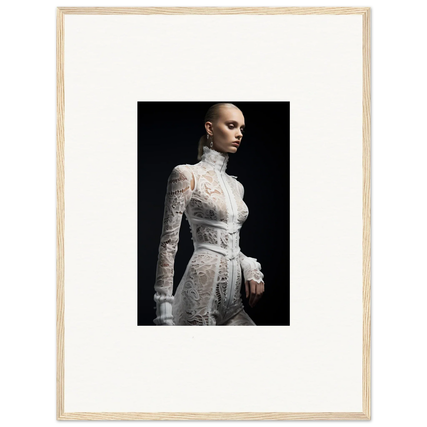 Elegant white lace dress with a high neck and long sleeves on a figure against a dark background.