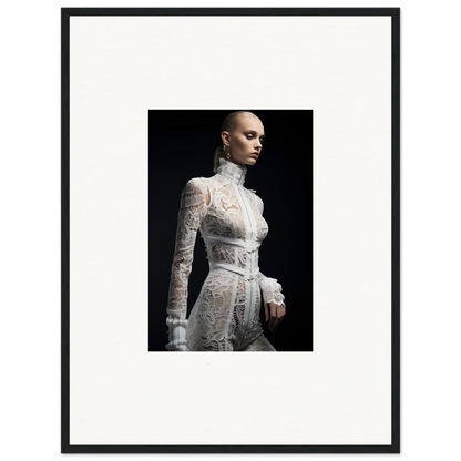 Elegant white lace dress with a high neck and long sleeves on a figure against a dark background.