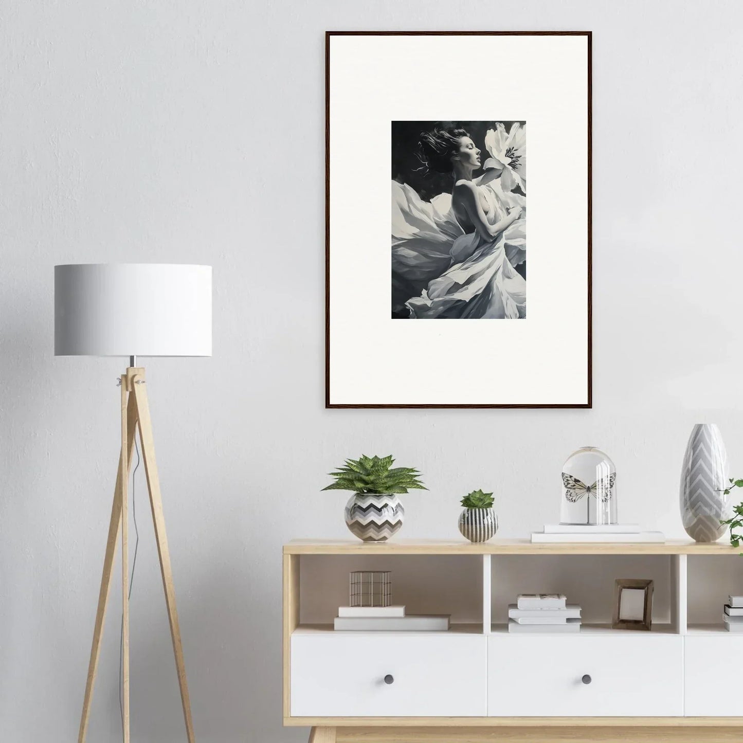 Framed black and white photograph of flower petals for blush reverie room decor