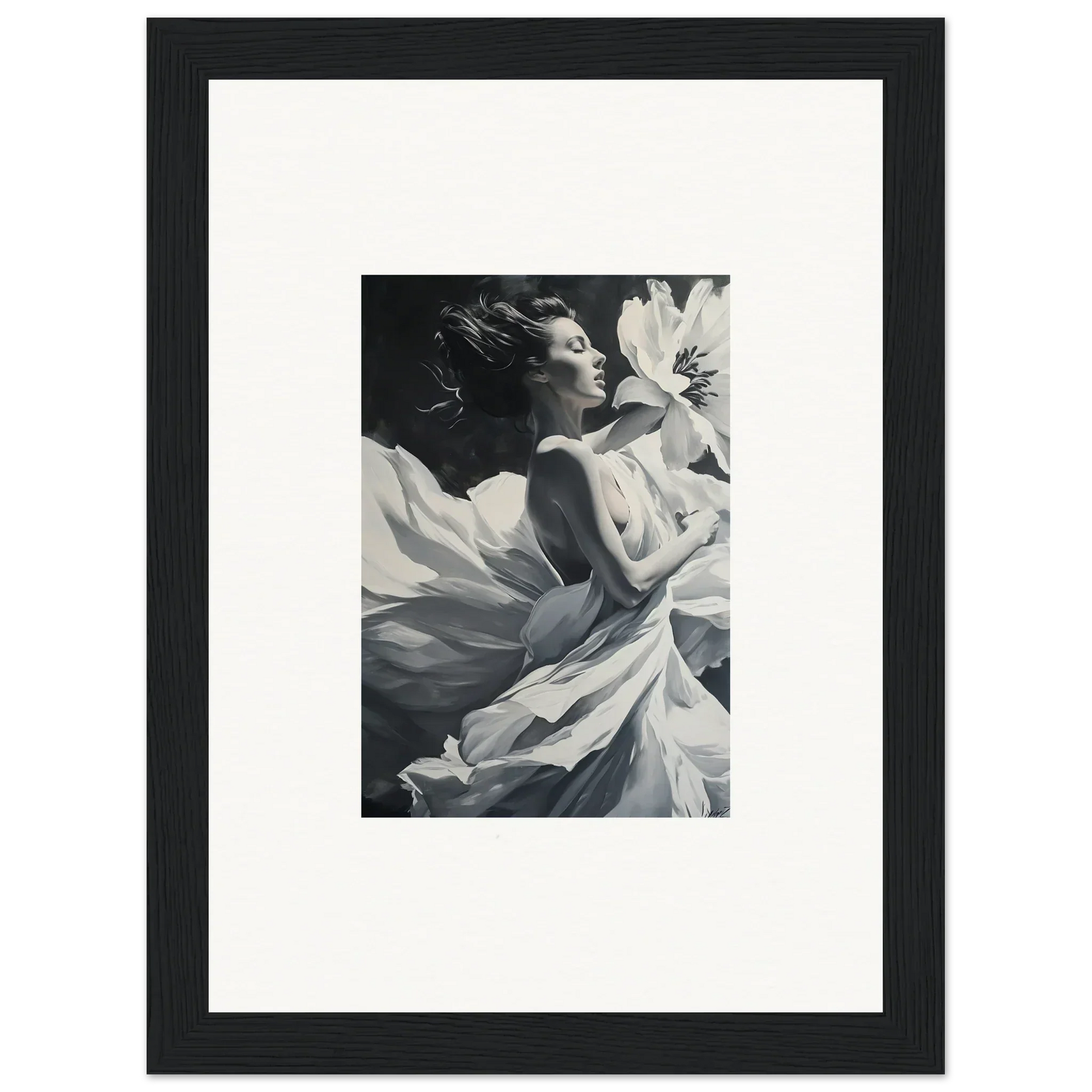 Black and white framed wall art of a person in flowing fabric for blush reverie room decor