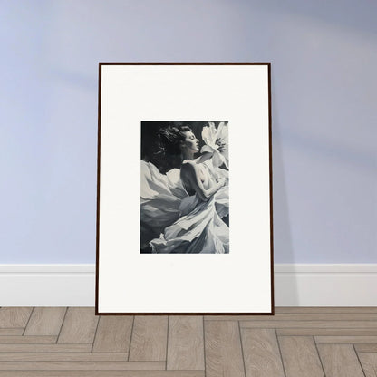 Framed black and white photograph of a person with flowing fabric for Blush Reverie room decor