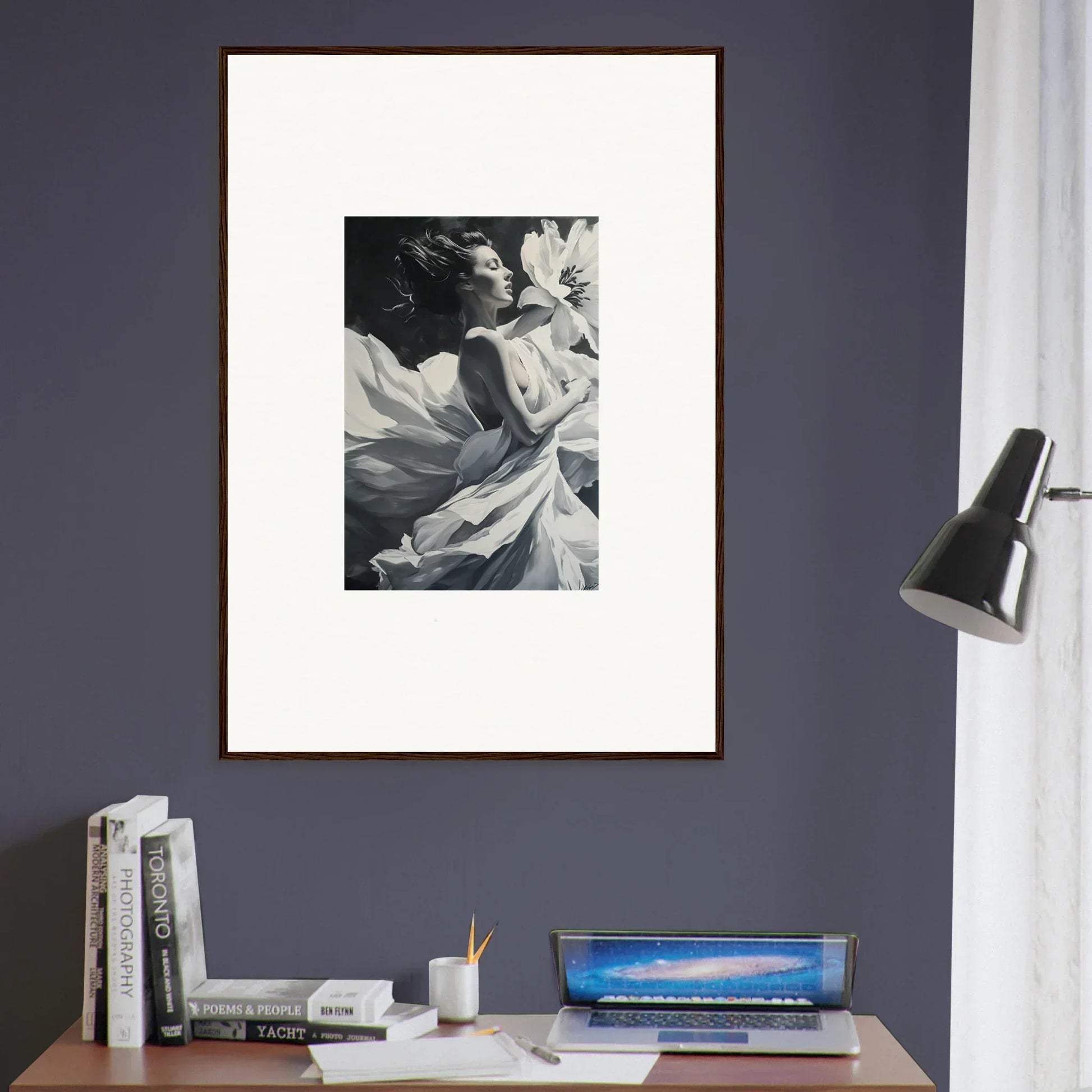 Framed black and white photograph of a person draped in fabric for Blush Reverie room decor